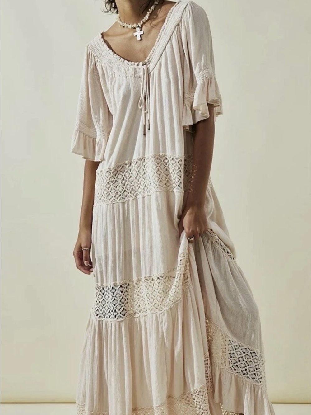Free People Cream Crochet Tiered Maxi Dress